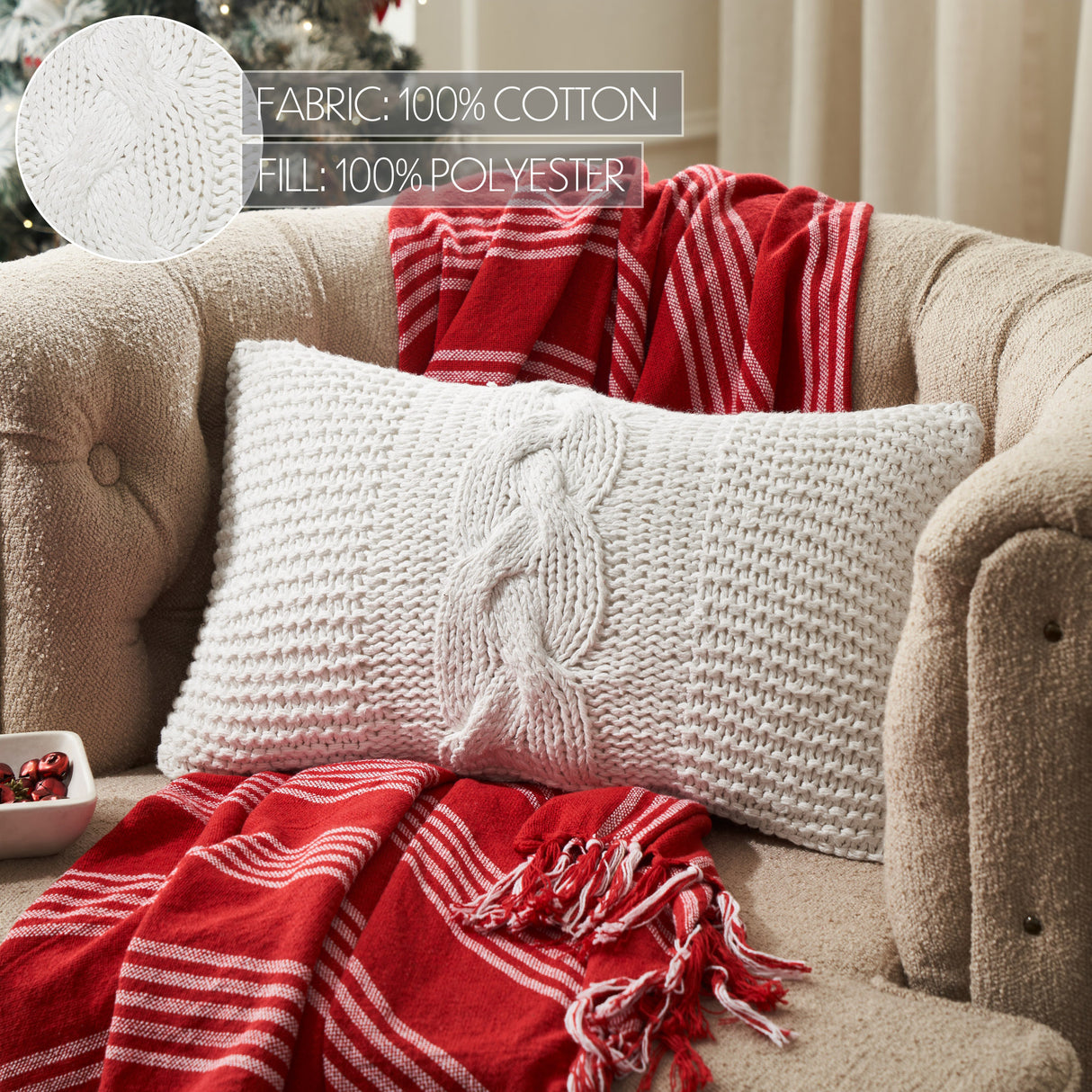 Cable Knit Sweater Pillow White 12x20