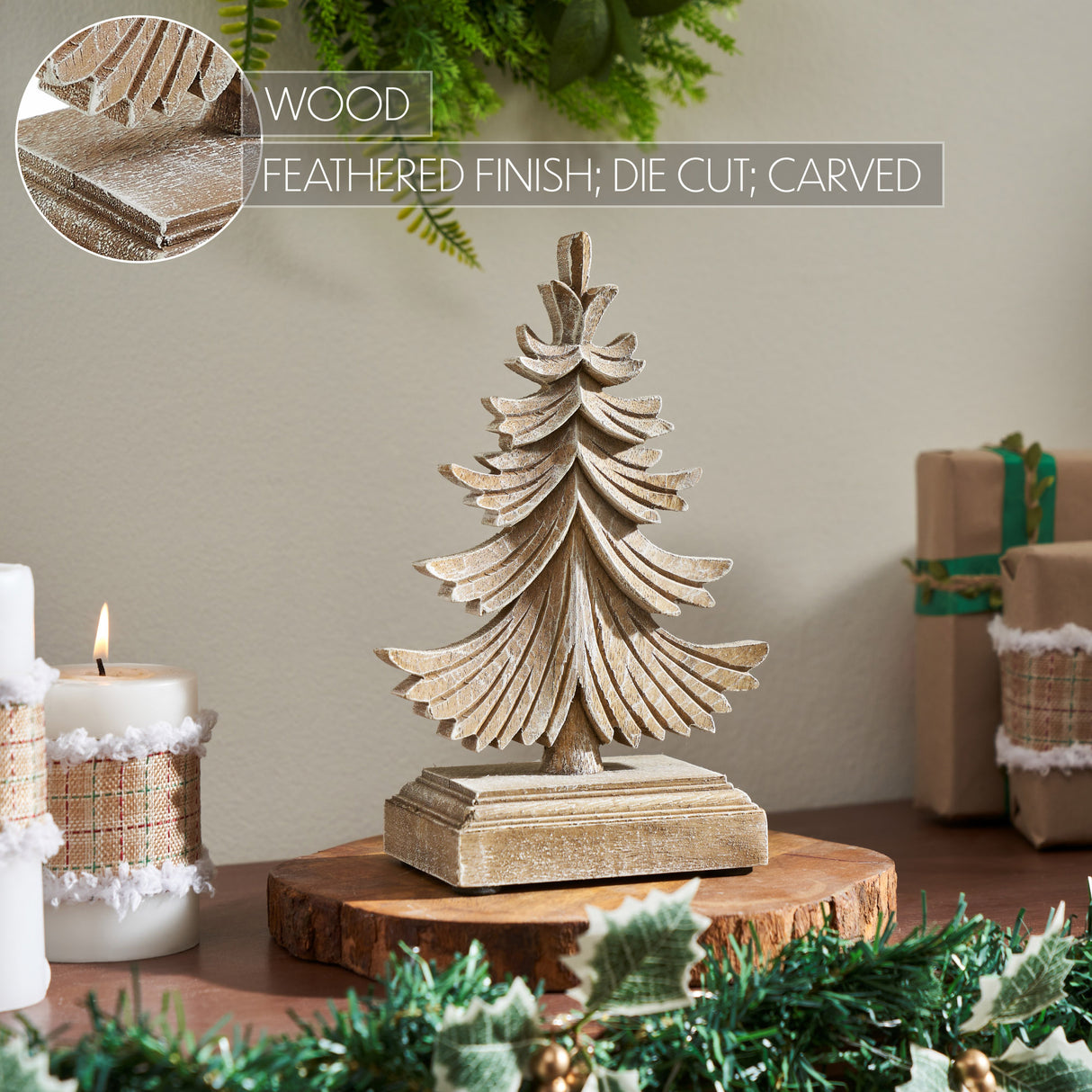 Feathered Finish Winter Pine Wooden Tree 9.75x6.25x3.5
