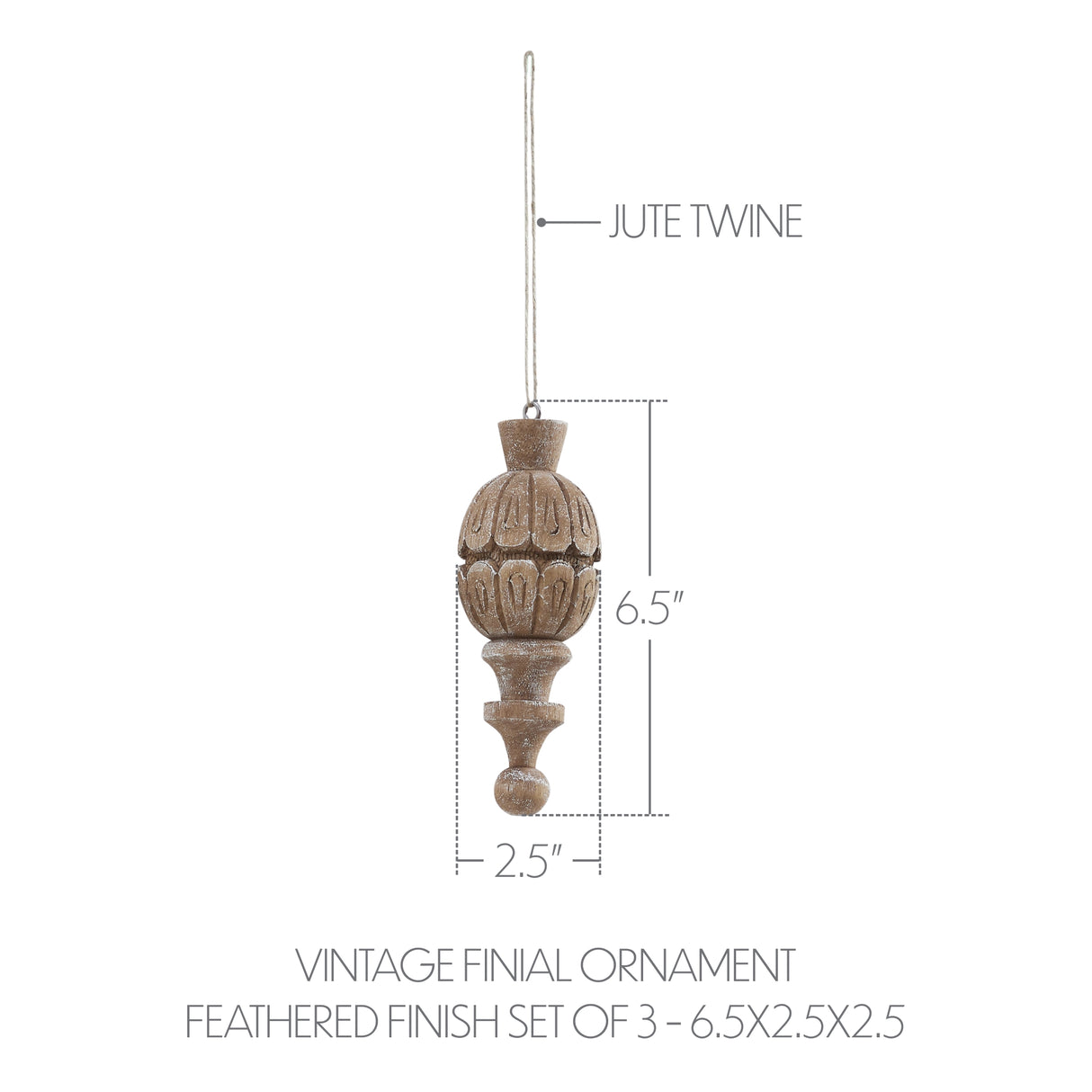 Vintage Finial Ornament Feathered Finish Set of 3 6.5x2.5x2.5
