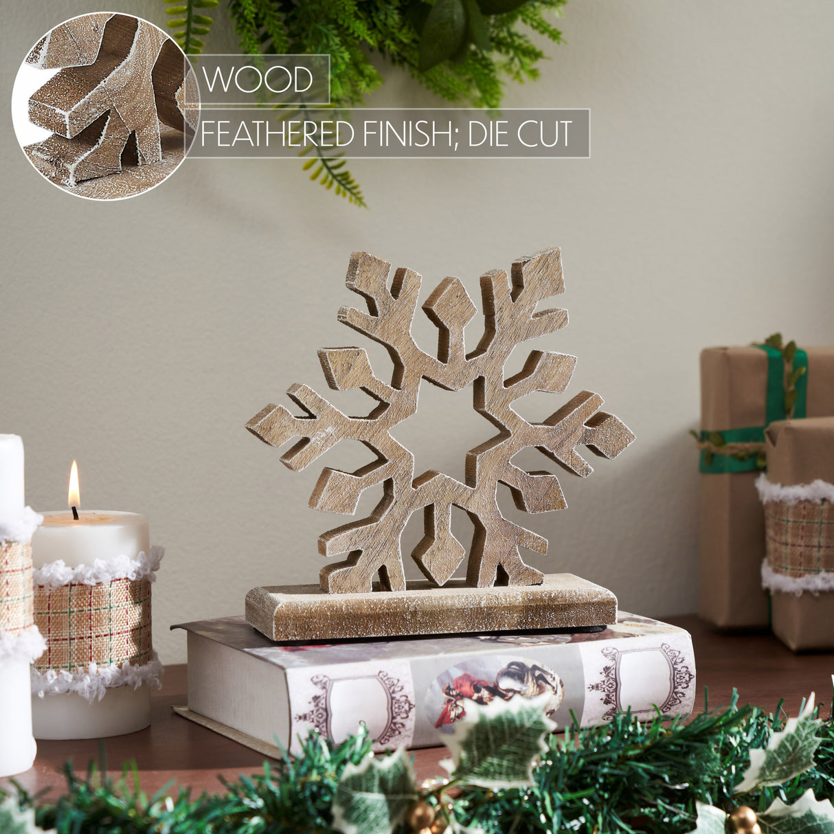 Feathered Finish Wooden Snowflake Natural 7.5x8x2.5