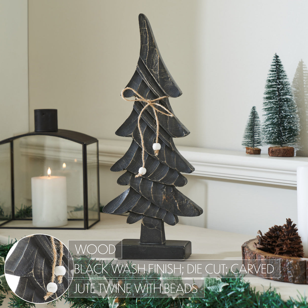 VHC Brands 2PC Primitive Pine Distressed Black Wooden Tree ,Small and Large