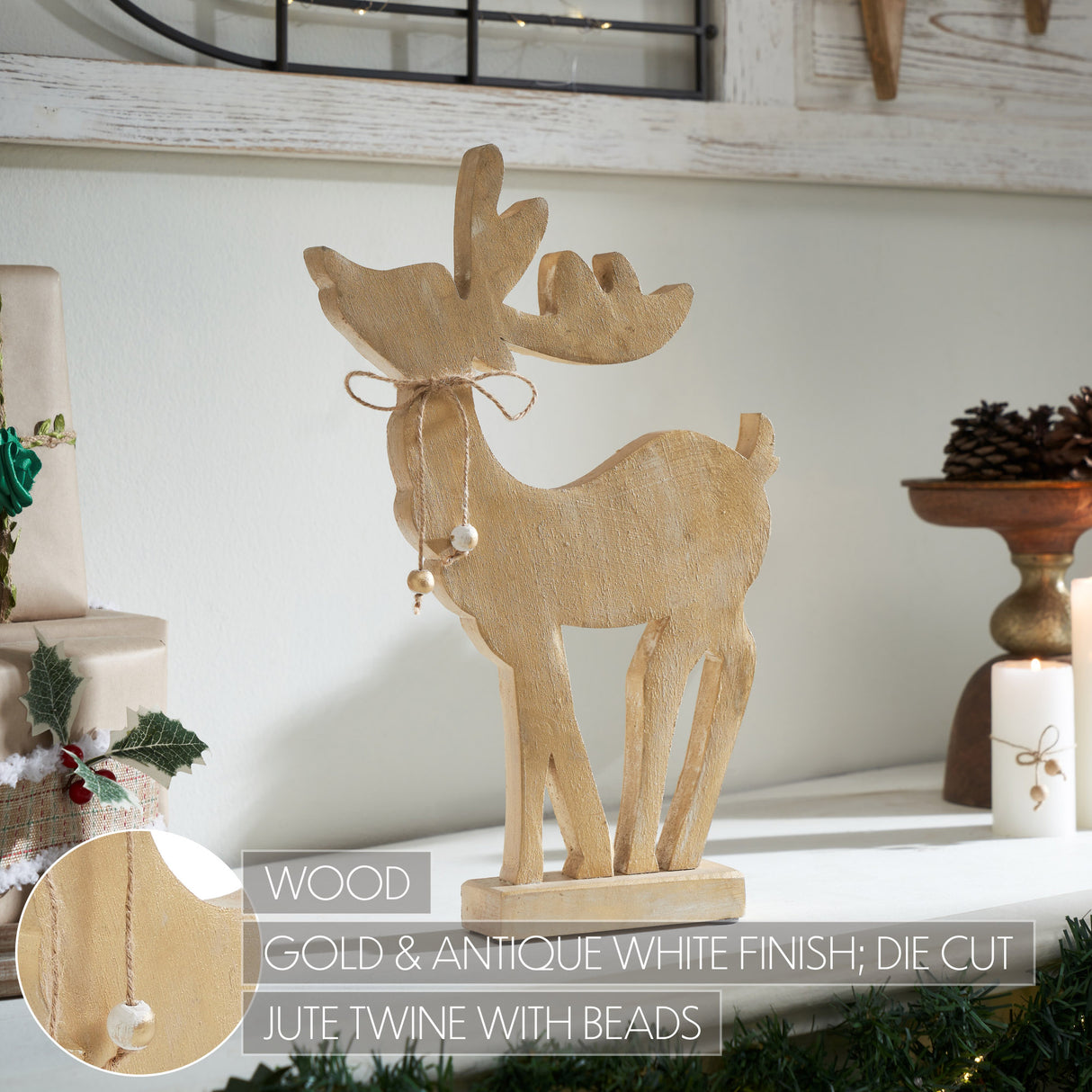VHC Brands 2PC Pretty Prancer Brushed Gold Wooden Deer ,Small and Large