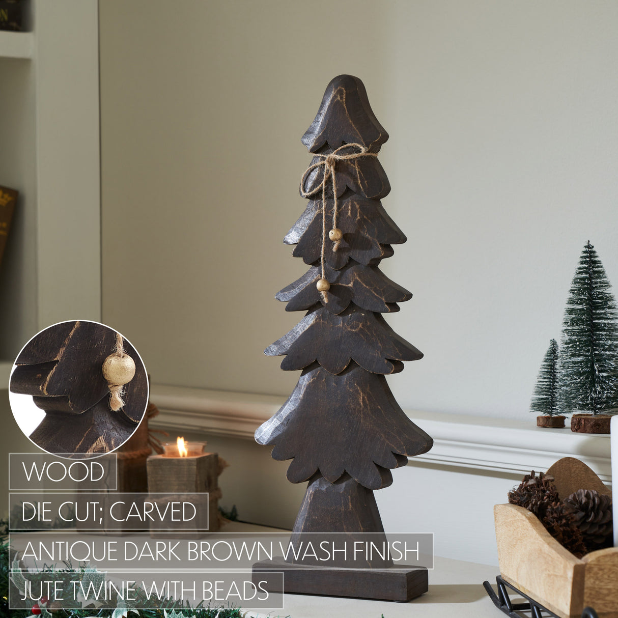 VHC Brands 2PC Tidings Timber Dark Wooden Tree ,Small and Large