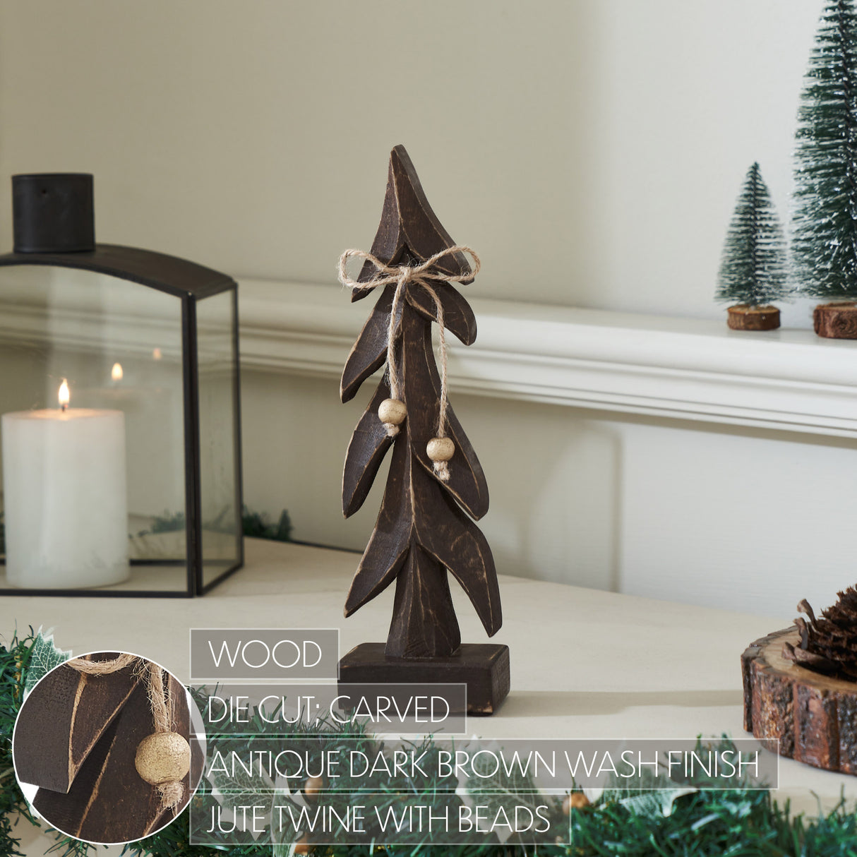 VHC Brands 2PC Festive Boughs Dark Wooden Tree ,Small and Large