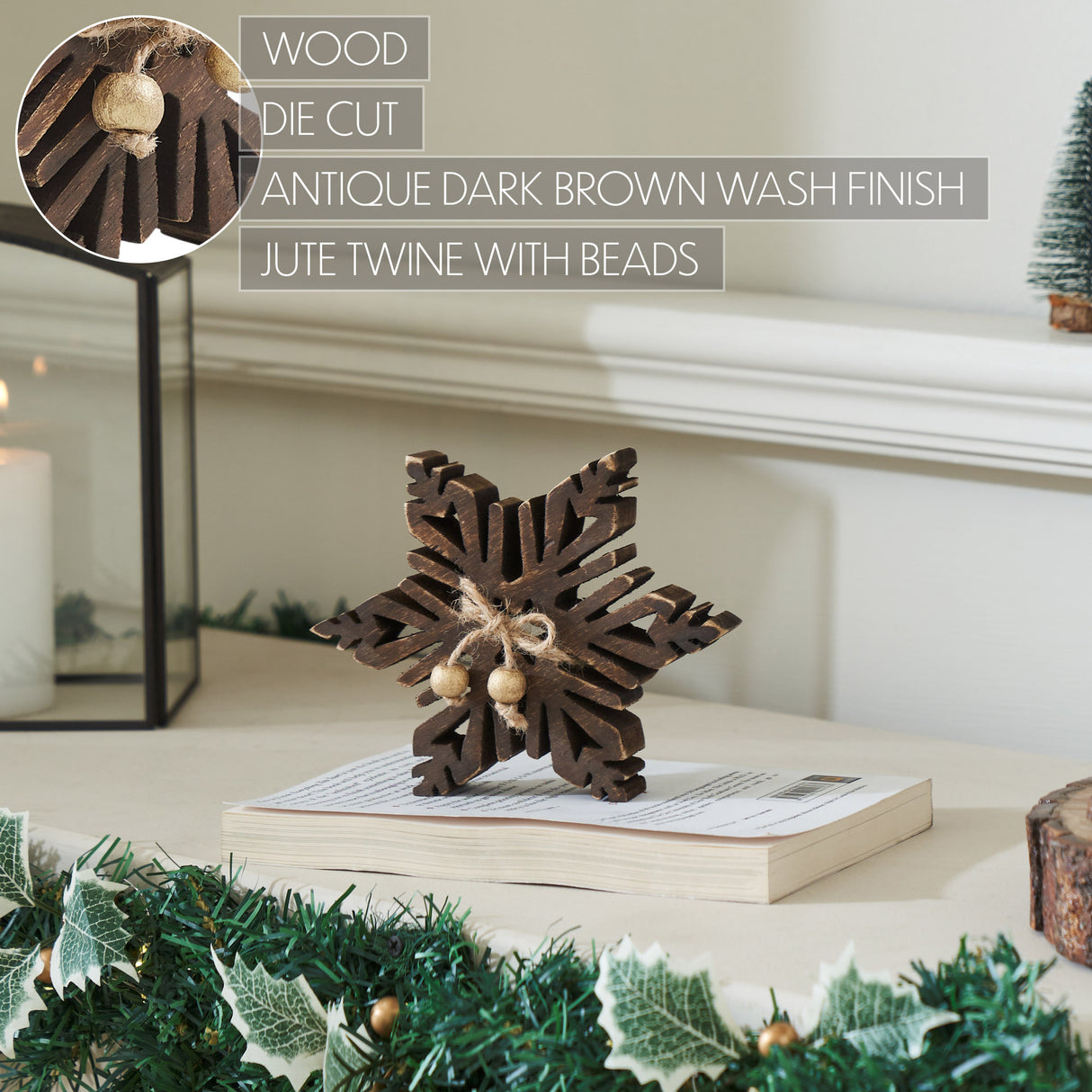 VHC Brands 2PC Dark Wooden Snowflake ,Small and Large
