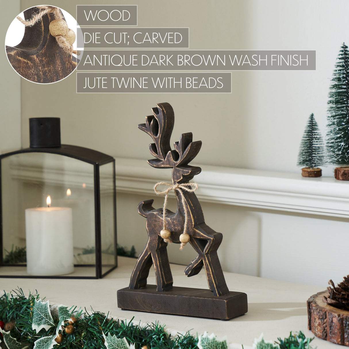 VHC Brands 2PC Woodland Winter Dark Wooden Reindeer ,Small and Large