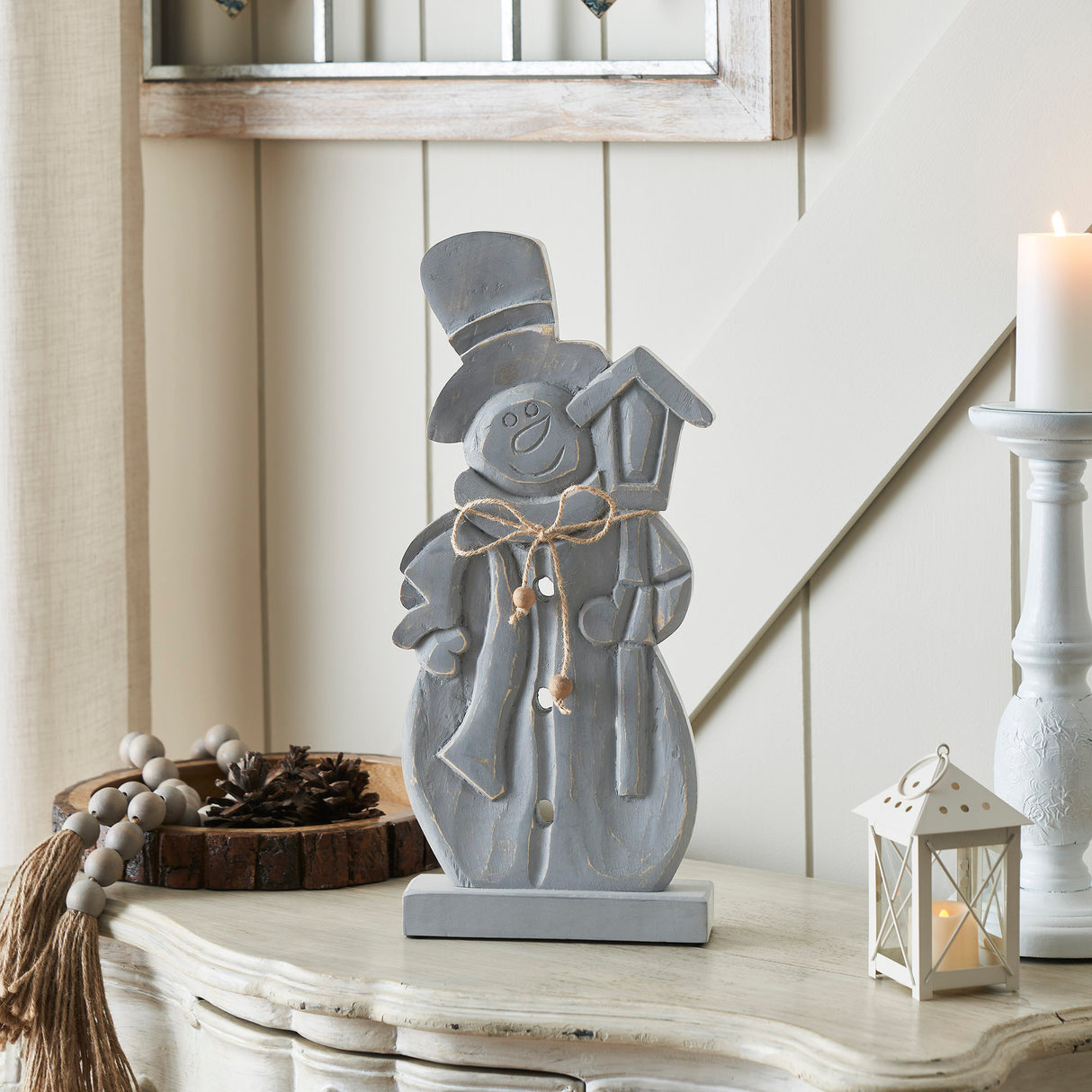 Festive Frosty Distressed Grey Wooden Snowman 16x7.5x2