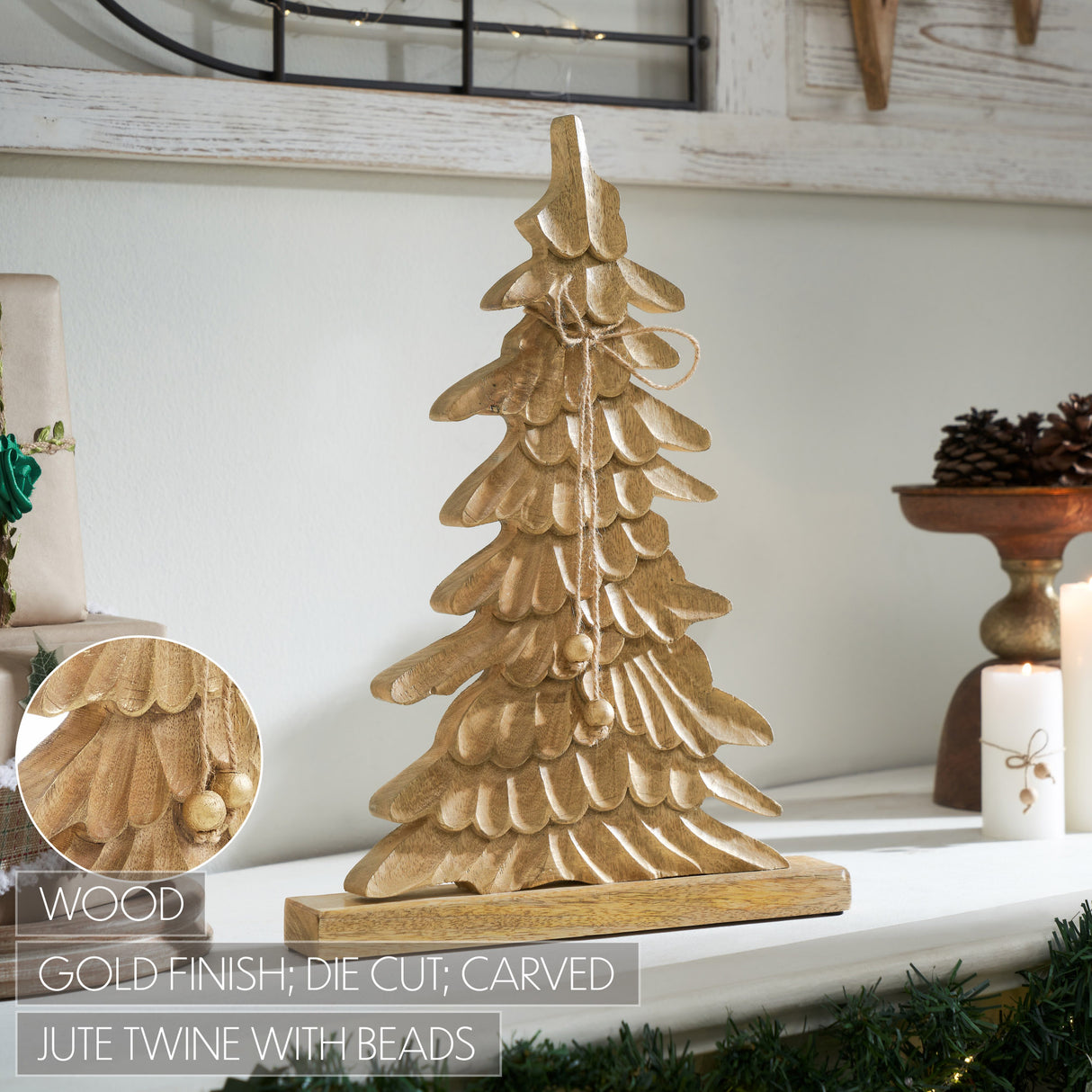 VHC Brands 2PC Winter Wonder Brushed Gold Wooden Tree ,Small and Large