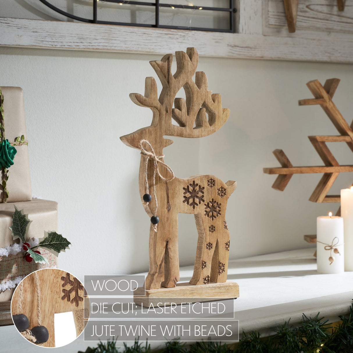 VHC Brands 2PC Natural Wooden Snowflake Reindeer ,Small and Large