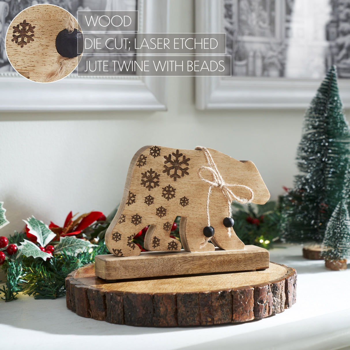 VHC Brands 2PC Natural Wooden Snowflake Bear ,Small and Large