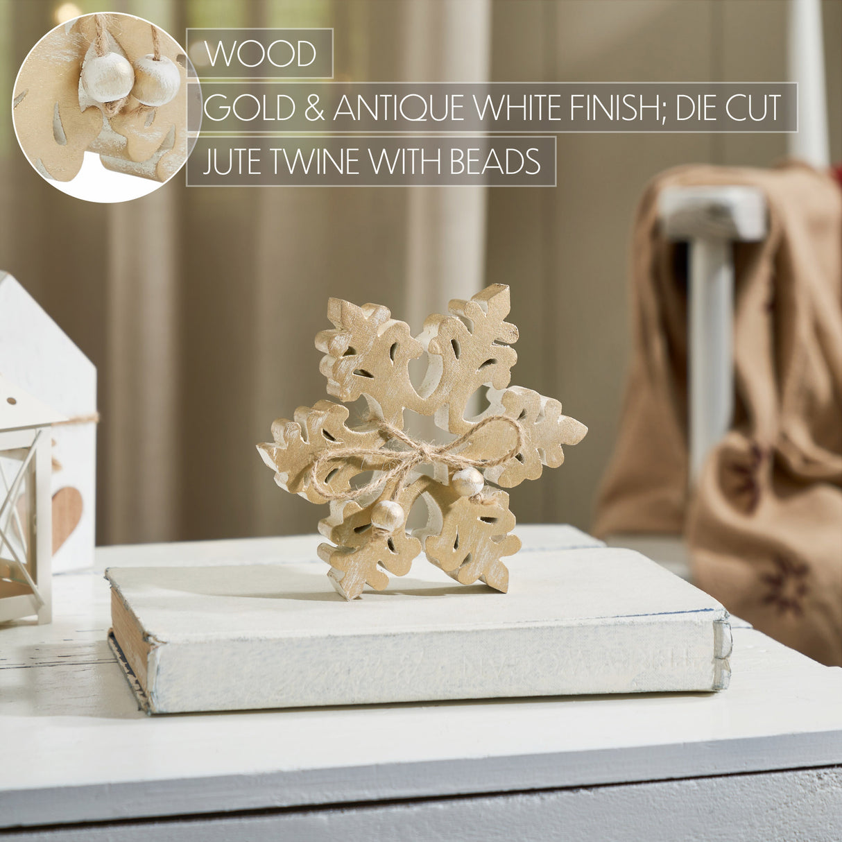 VHC Brands 2PC Yuletide Glow Brushed Gold Wooden Snowflake ,Small and Large