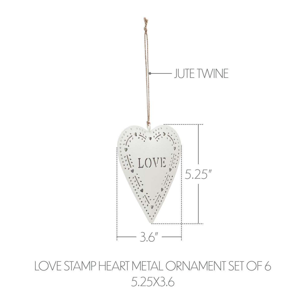 Love Stamp Heart Metal Ornament Set of 6 -  5.25 inch