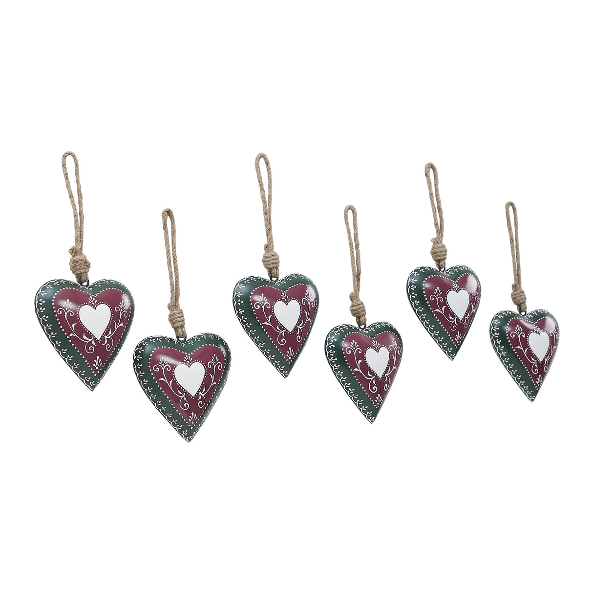 Burgundy Heritage Metal Heart Ornament Set of 6 - 5 inch