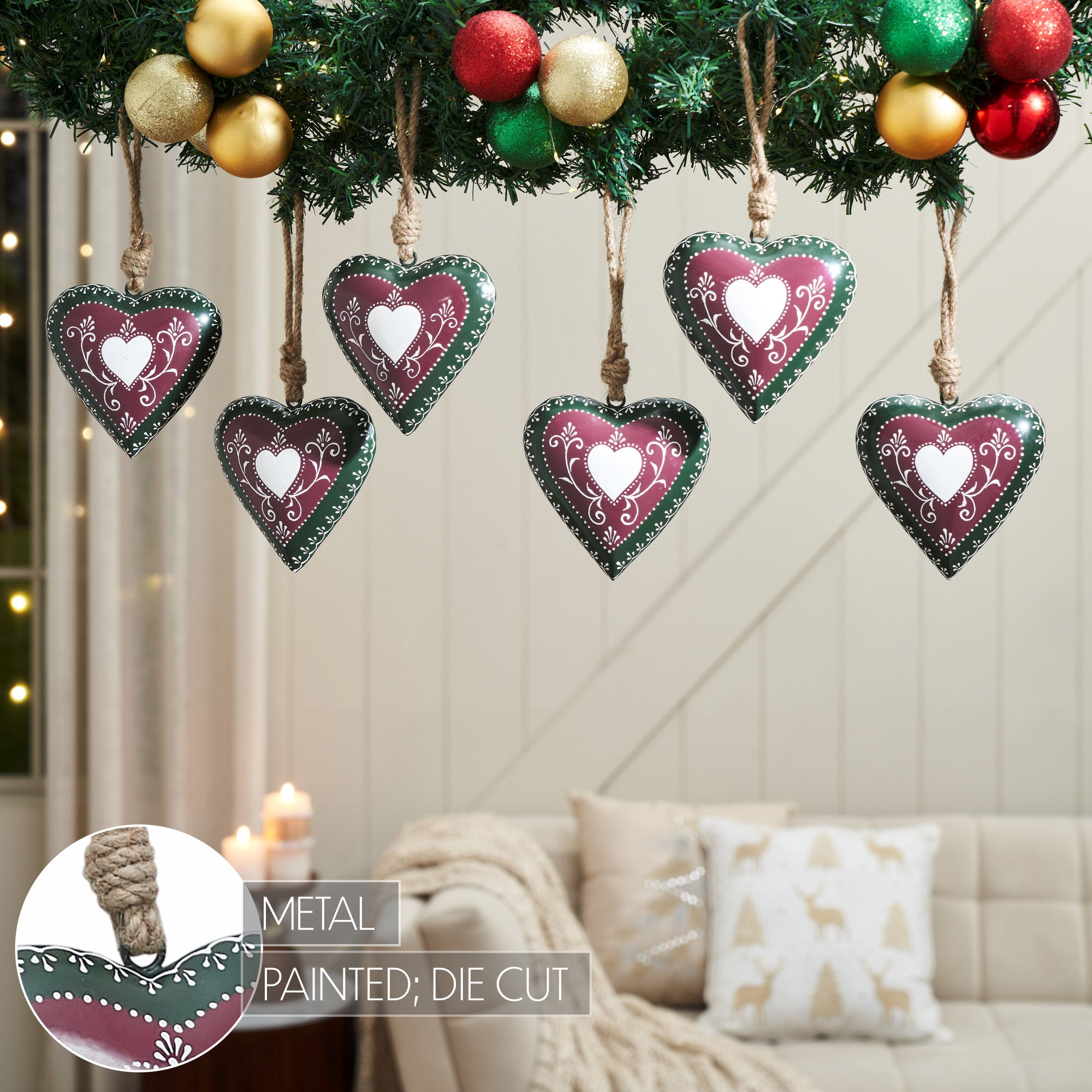 Burgundy Heritage Metal Heart Ornament Set of 6 - 5 inch – VHC