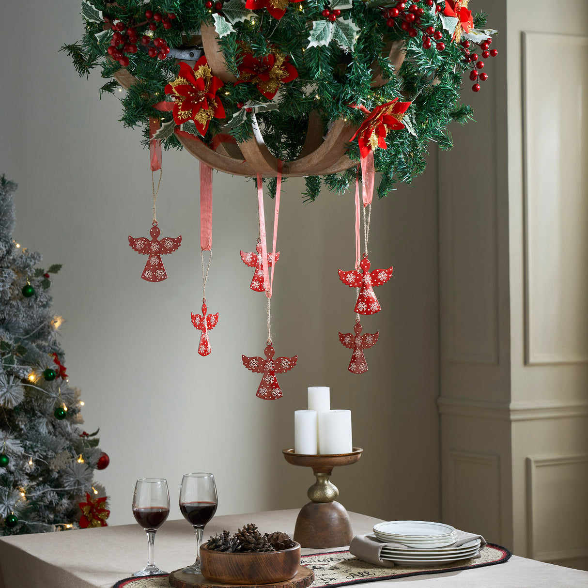 Falling Snow Red Angel Metal Ornament Set of 6 - 4.4 inch