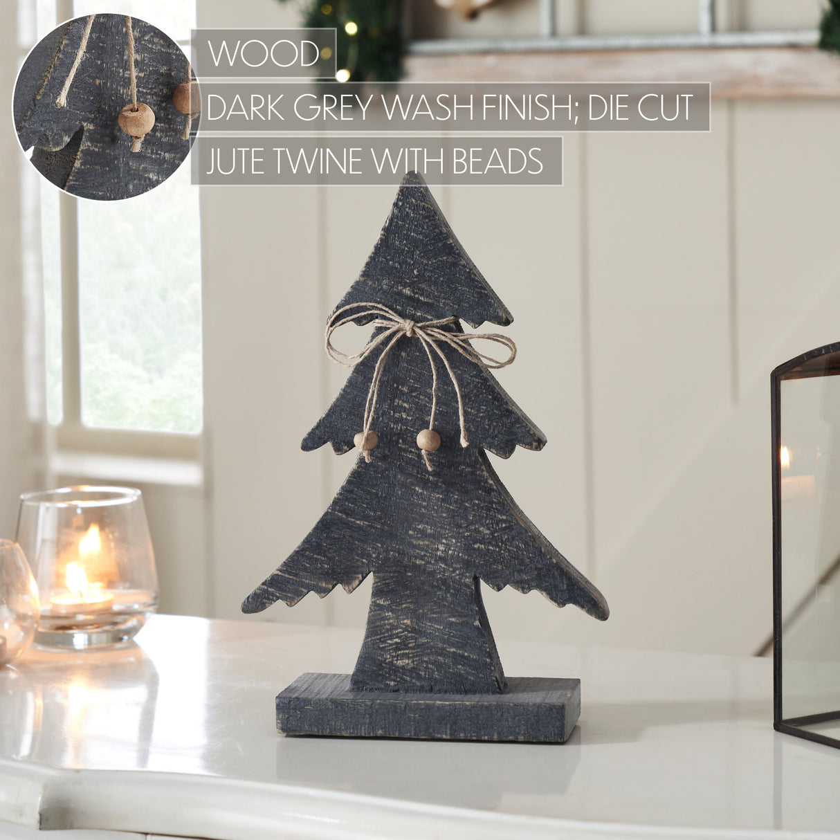 VHC Brands 2PC Three-Tiered Pine Distressed Dark Grey Wooden Tree ,Small and Large