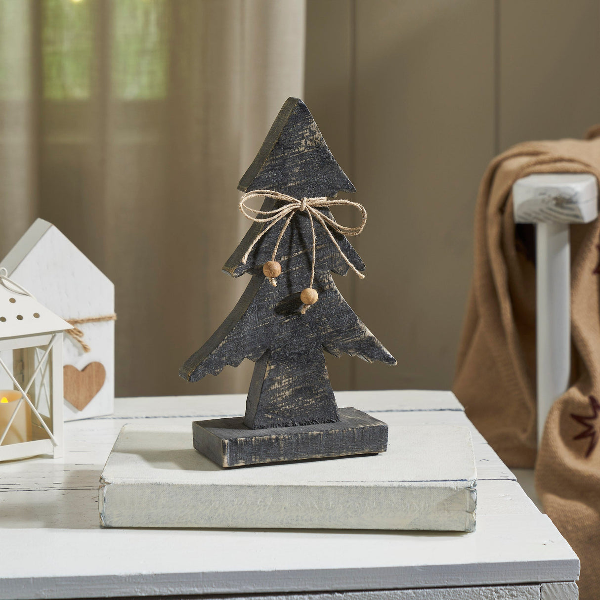 Three-Tiered Pine Distressed Dark Grey Wooden Tree