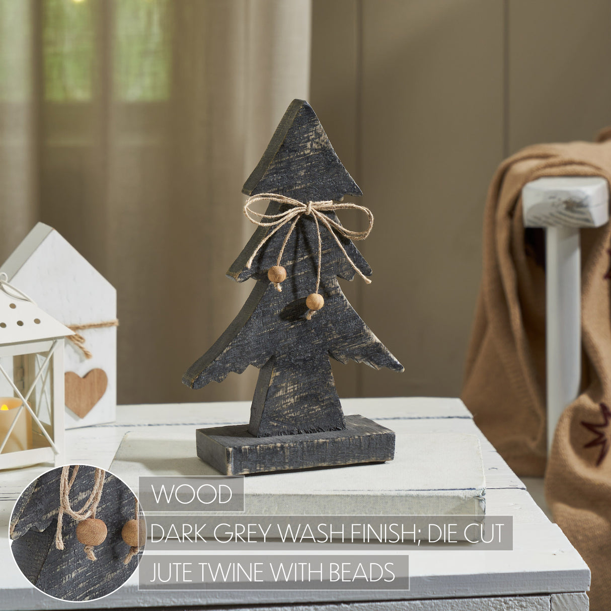 Three-Tiered Pine Distressed Dark Grey Wooden Tree