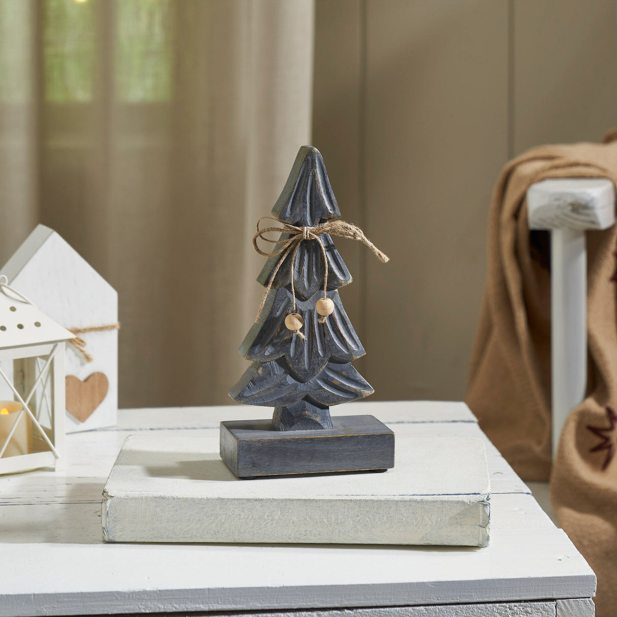 Four-Tiered Pine Distressed Dark Grey Wooden Tree
