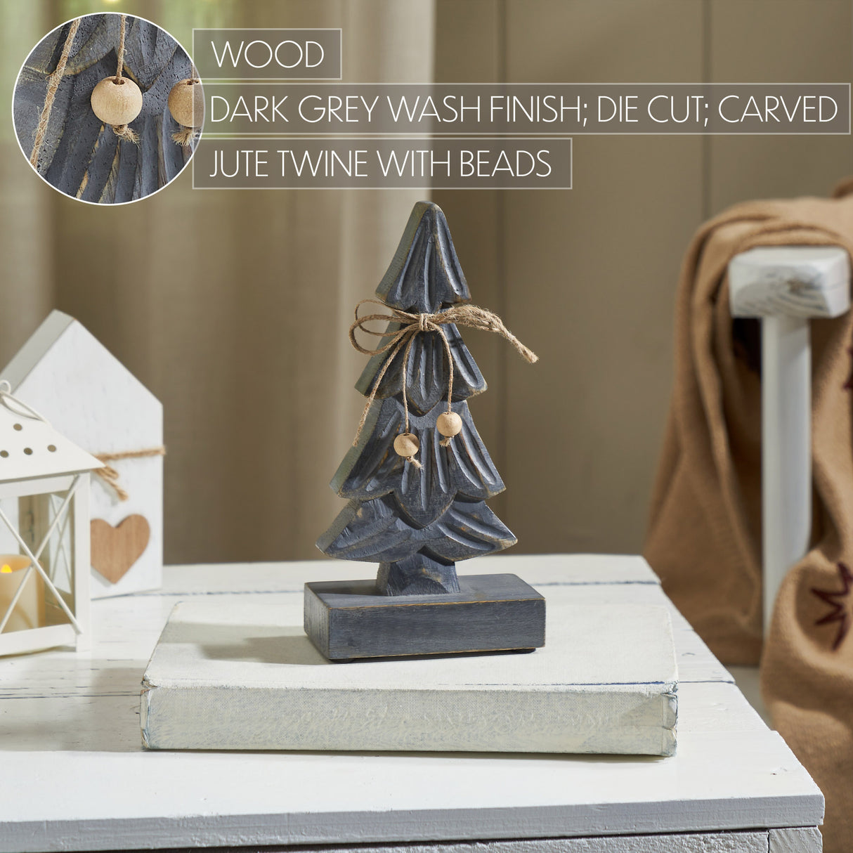 Four-Tiered Pine Distressed Dark Grey Wooden Tree