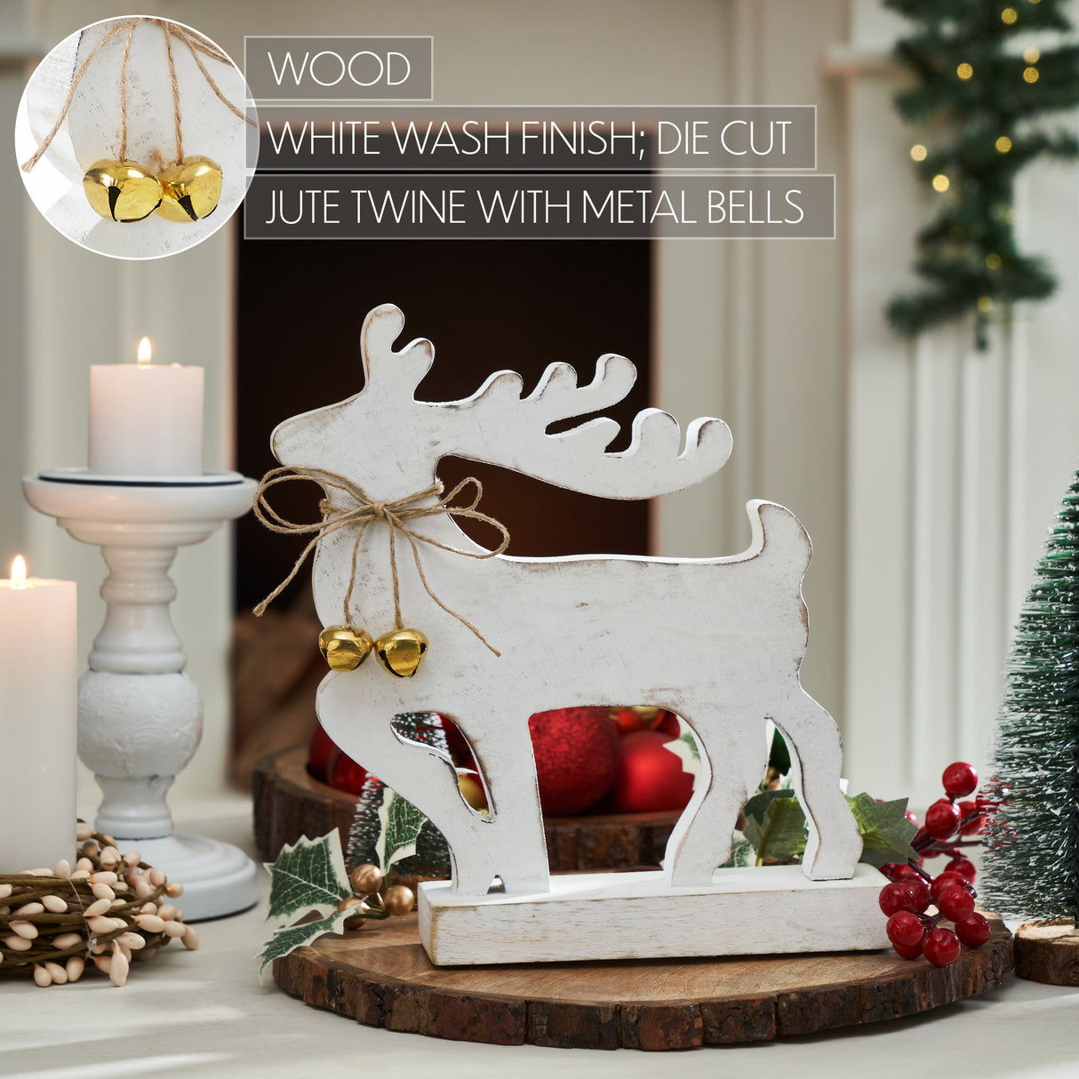 VHC Brands 2PC Winter Walk Distressed White Wooden Reindeer ,Small and Large