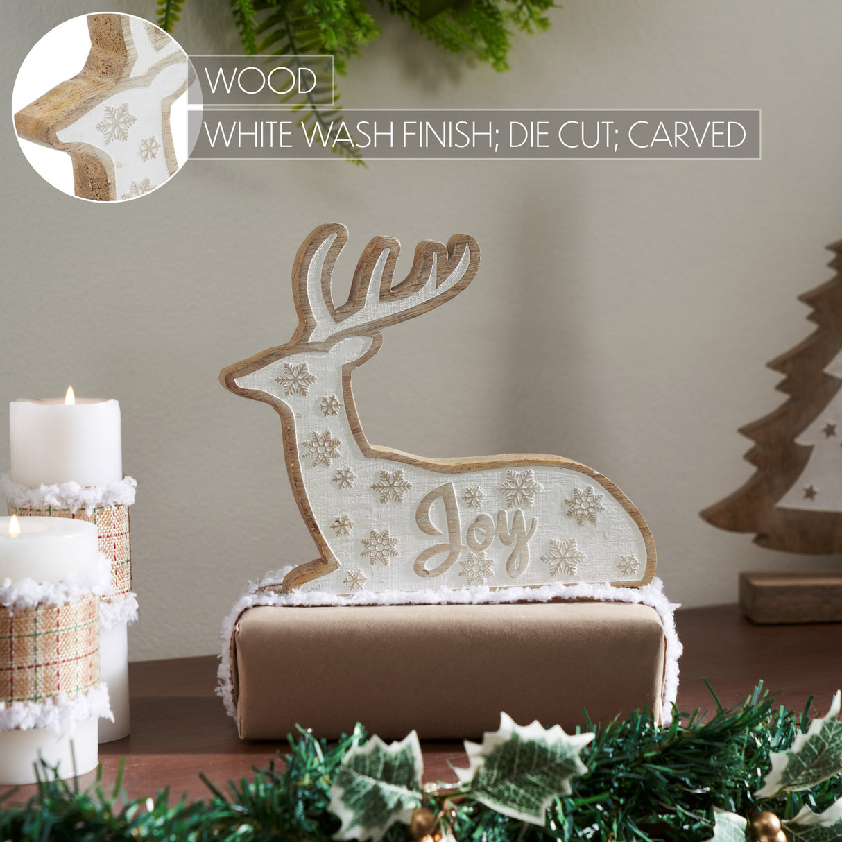 White Washed Joy Natural Wooden Reindeer 7x8x1