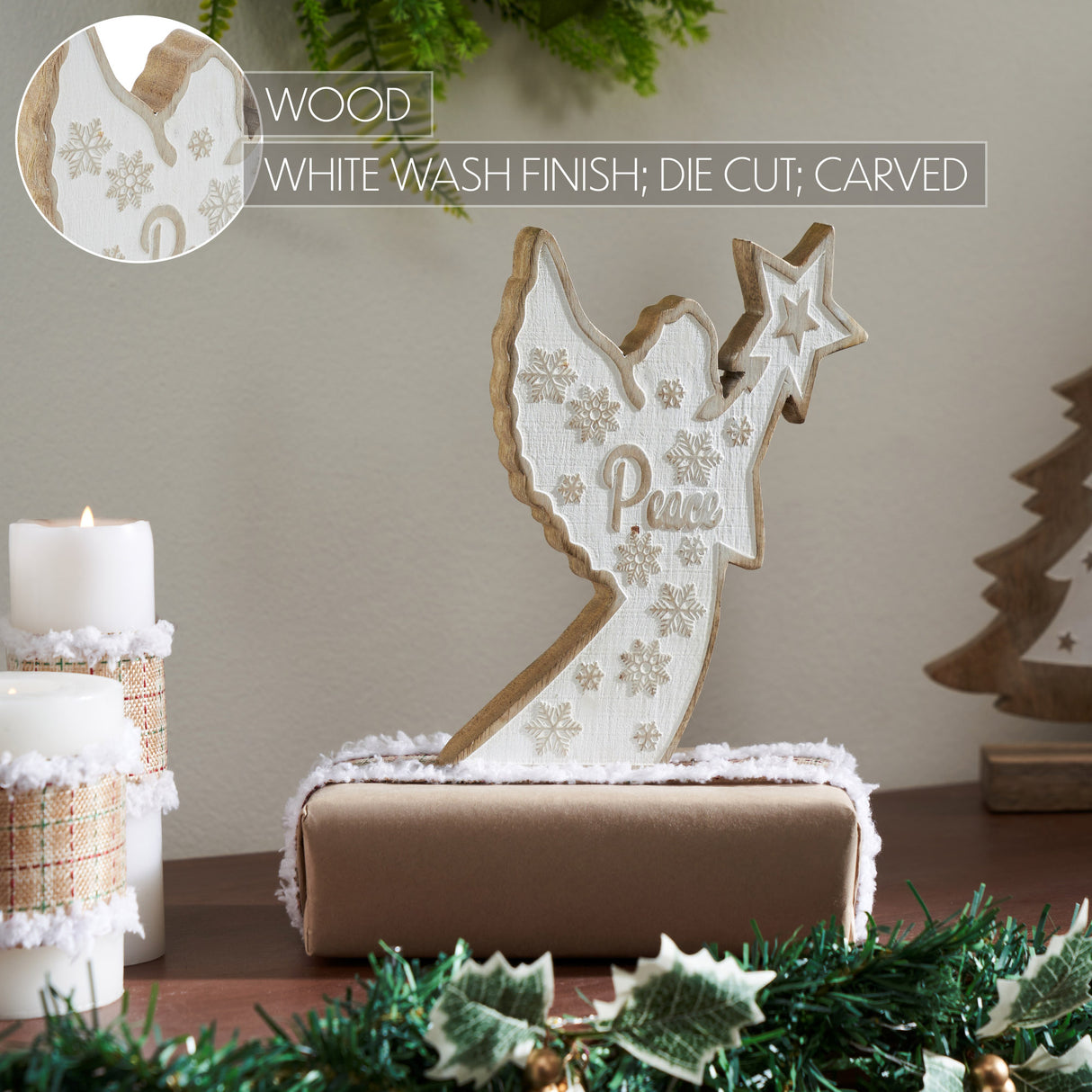 White Washed Peace Natural Wooden Angel 8x5.25x1