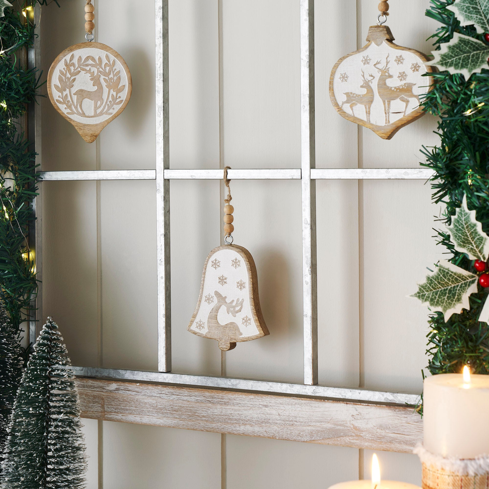 White Washed Winter Forest Natural Wooden Ornament Set of 3 - 4