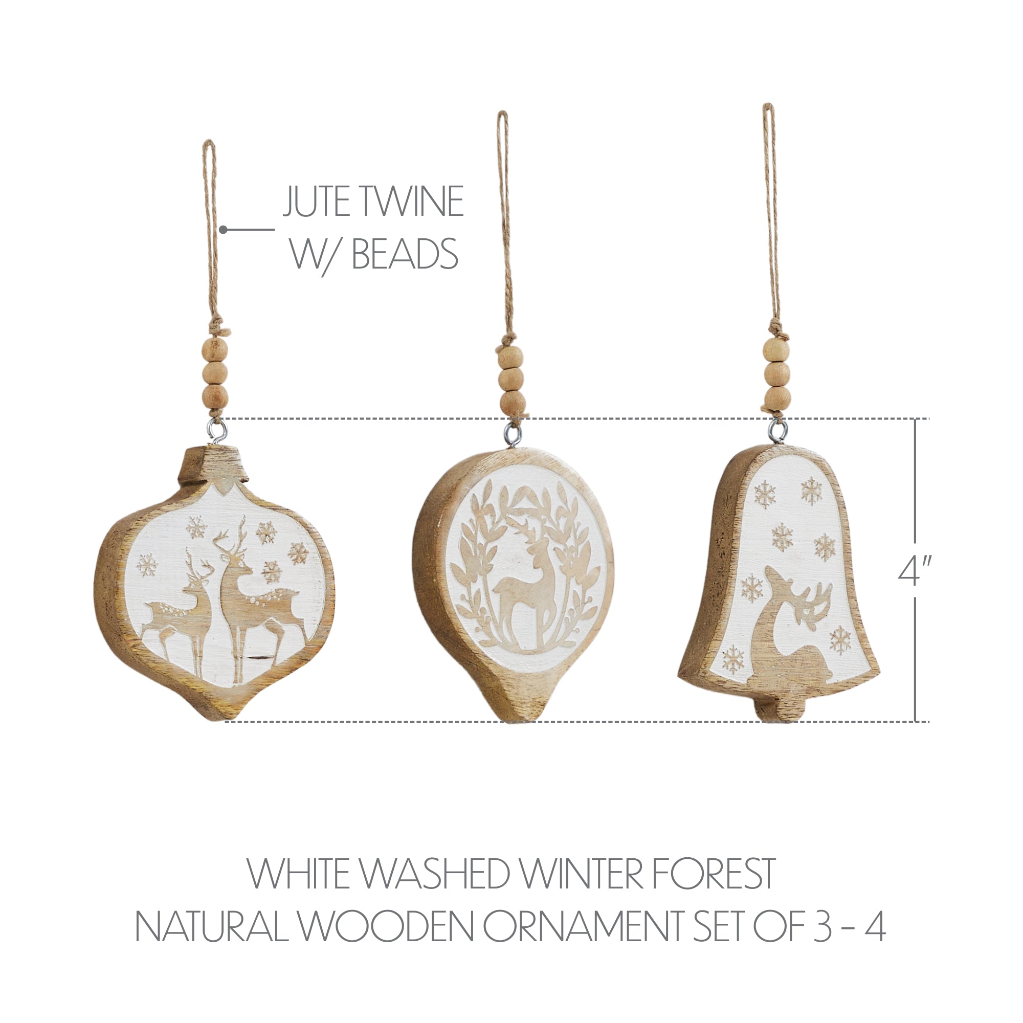 White Washed Winter Forest Natural Wooden Ornament Set of 3 - 4