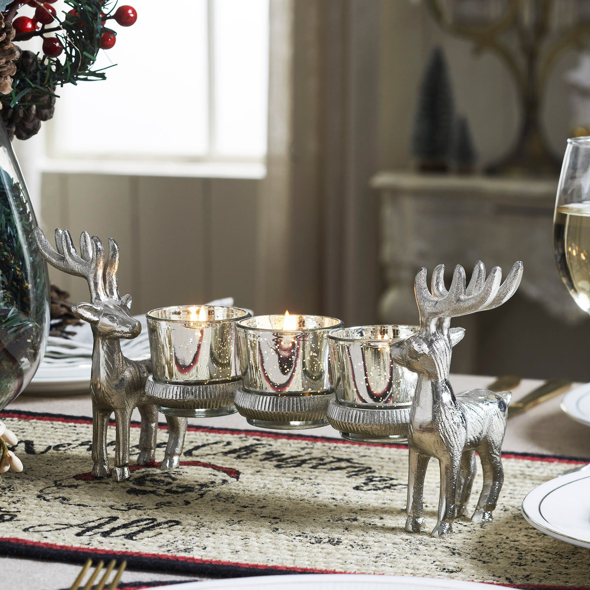 Metal Reindeer Three-Votive Mercury Glass Candle Holder 5.5x13x3.5