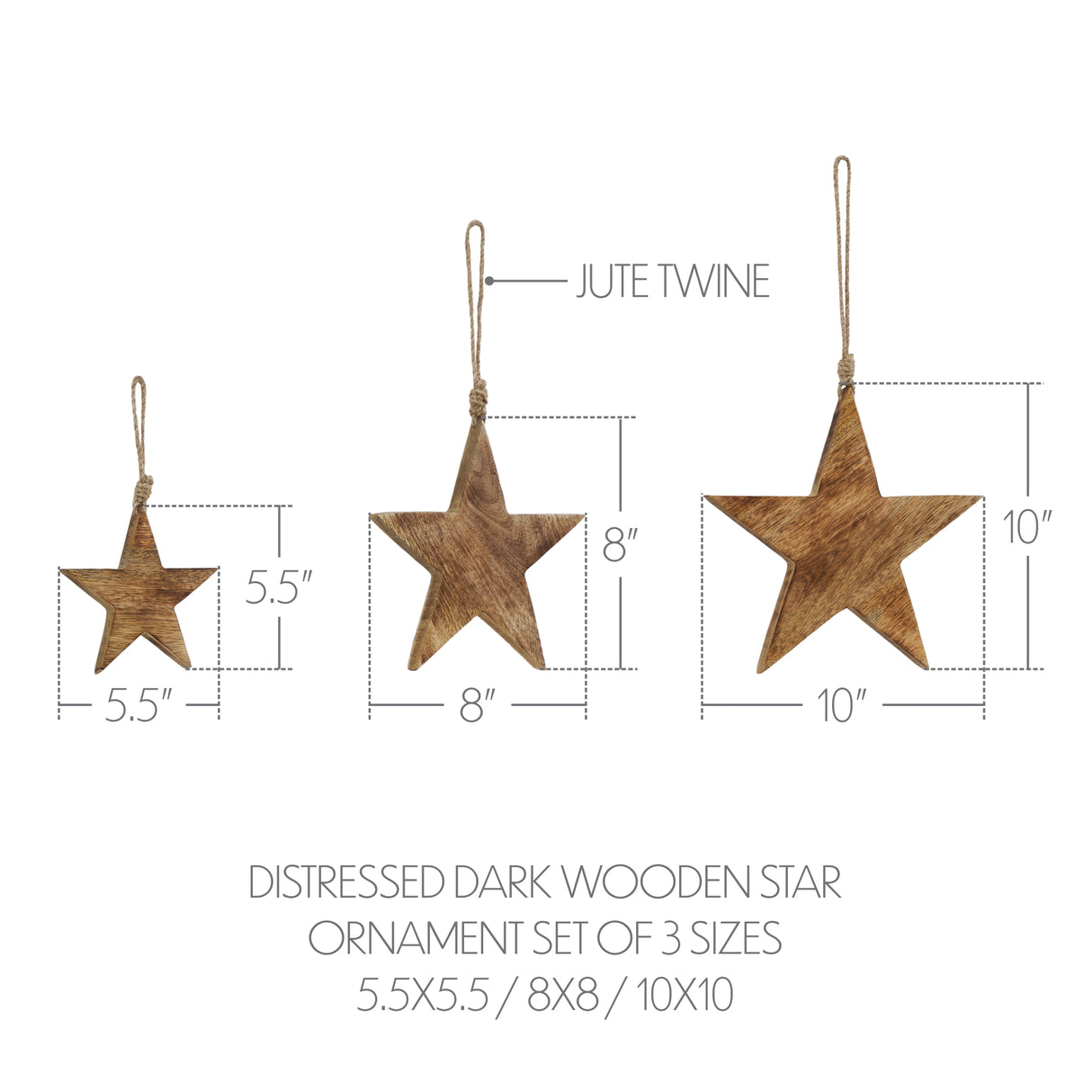 Distressed Dark Wooden Star Ornament Set of 3 - 5.5/8/10 inch