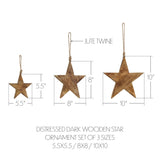 Distressed Dark Wooden Star Ornament Set of 3 - 5.5/8/10 inch
