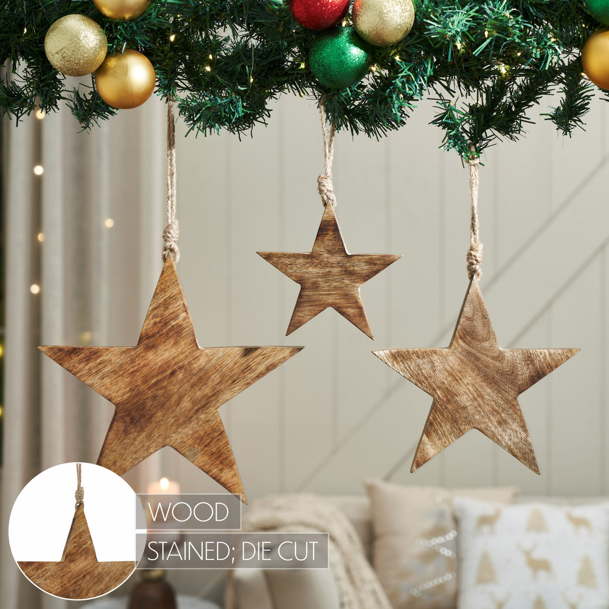 Distressed Dark Wooden Star Ornament Set of 3 - 5.5/8/10 inch