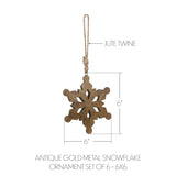 Antique Gold Metal Snowflake Ornament Set of 6 - 6 inch