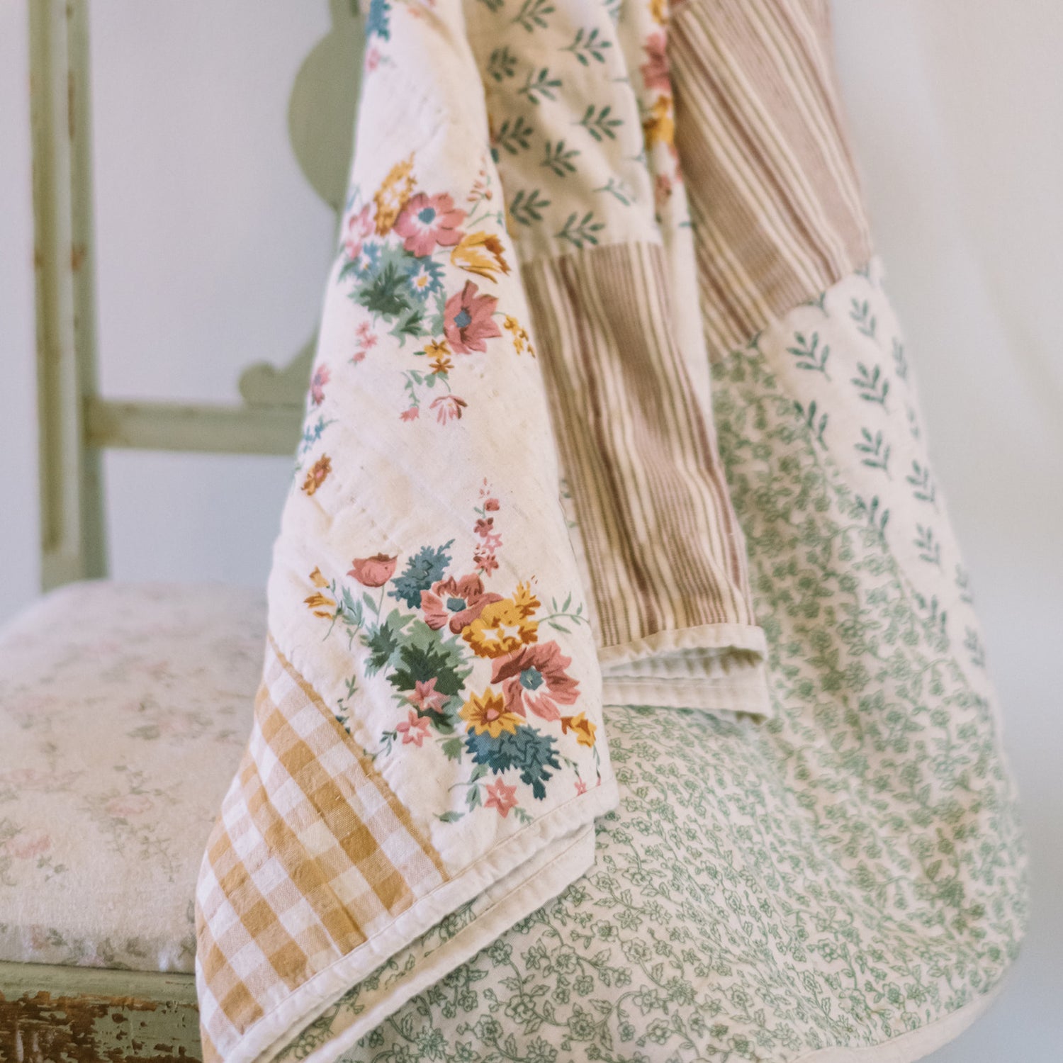 Rosehill Cottage Floral Patchwork Cotton Throw - 50x60 Dusty Rose & Natural Lightweight Summer Quilt