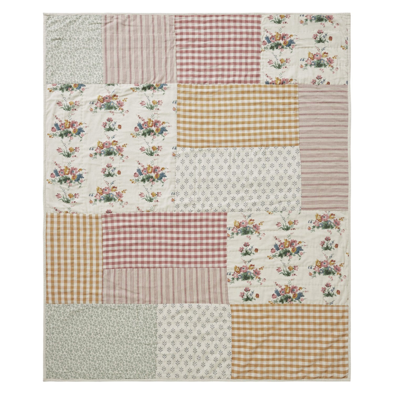 Rosehill Cottage Floral Patchwork Cotton Throw - 50x60 Dusty Rose & Natural Lightweight Summer Quilt