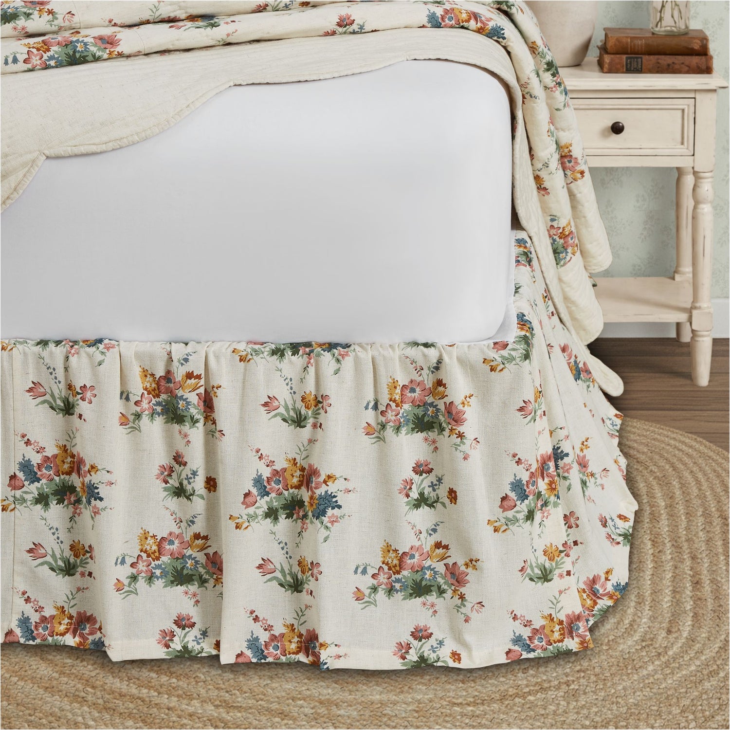 Rosehill Cottage Floral Cotton Bed Skirt 16 in Dusty Rose & Natural Vintage Botanical Bedding