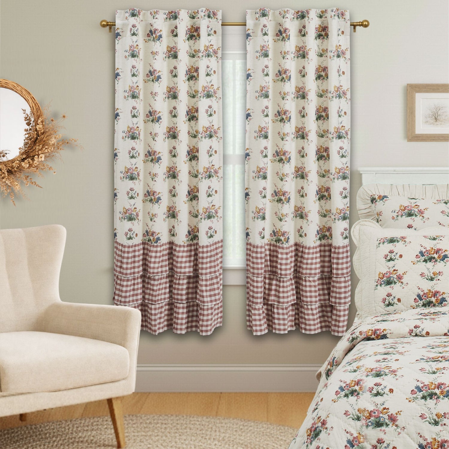 Rosehill Cottage Floral & Gingham Ruffled Cotton Curtain Panel Set