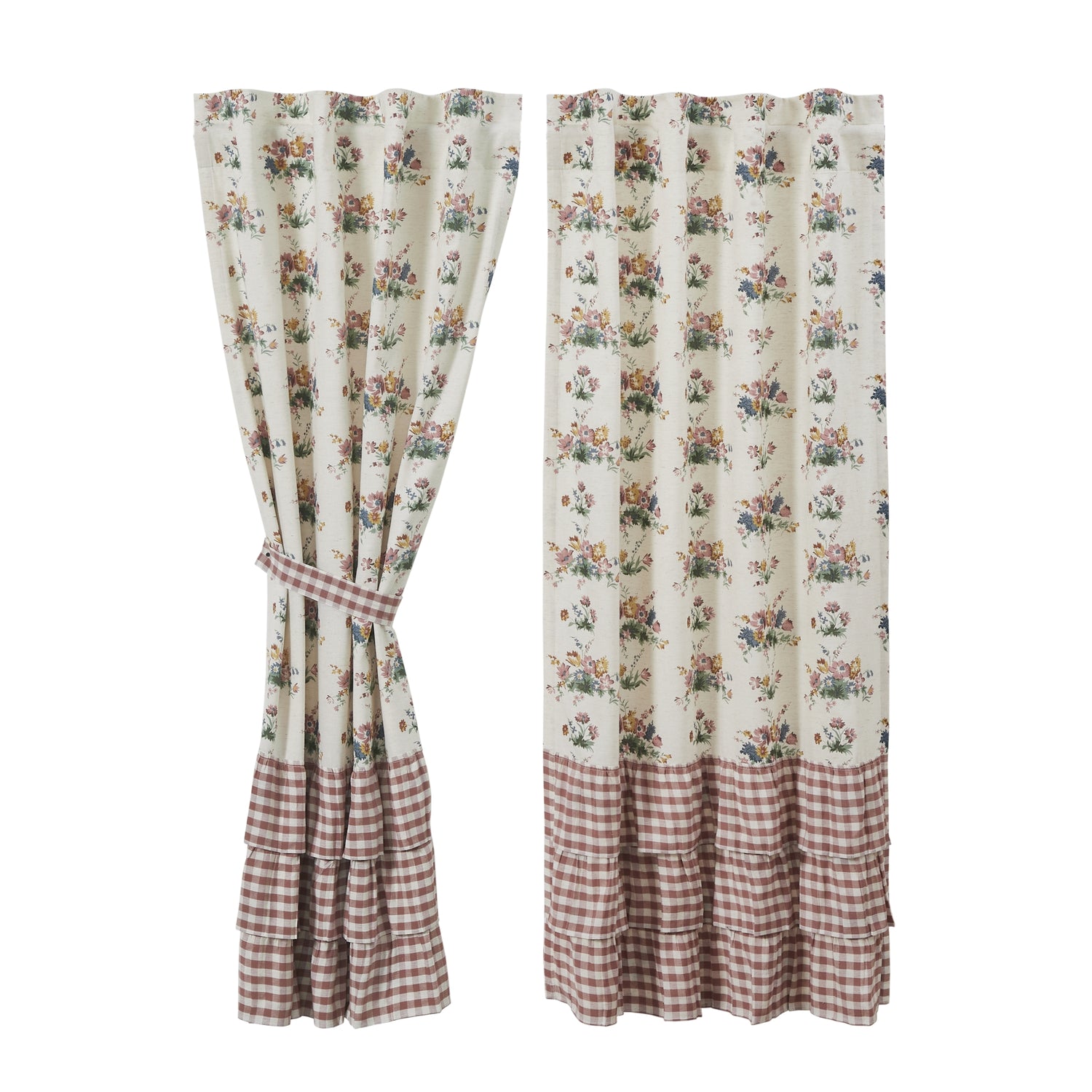 Rosehill Cottage Floral & Gingham Ruffled Cotton Curtain Panel Set