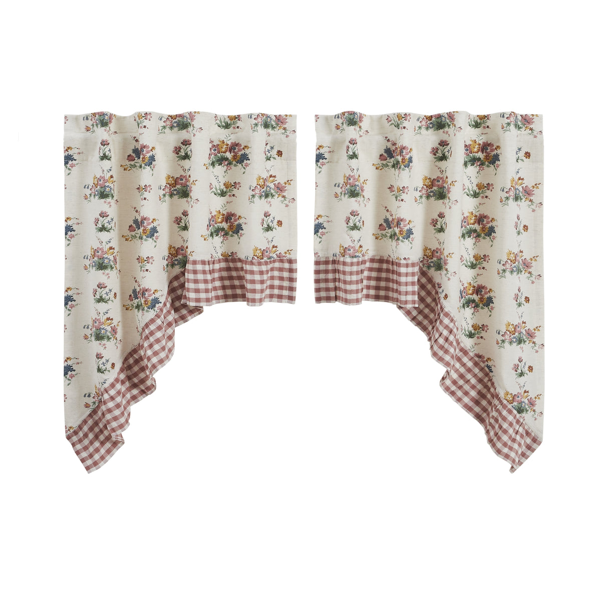 Rosehill Cottage Floral & Gingham Ruffled Cotton Swag Curtain Set - 36x36x16 Dusty Rose & Natural Window Drapes
