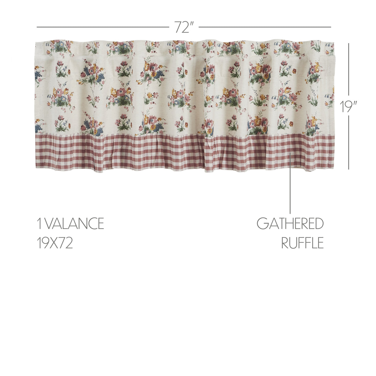 Rosehill Cottage Floral & Gingham Ruffled Cotton Window Valance - 19x72 Dusty Rose & Natural Valance