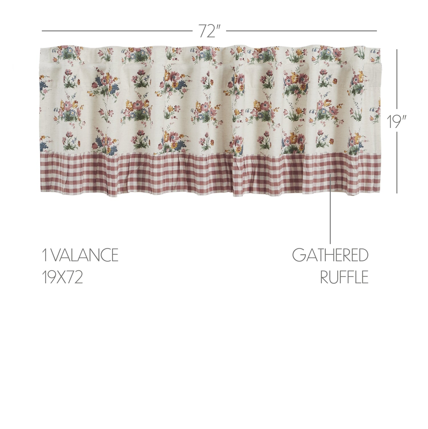 Rosehill Cottage Floral & Gingham Ruffled Cotton Window Valance - 19x72 Dusty Rose & Natural Valance