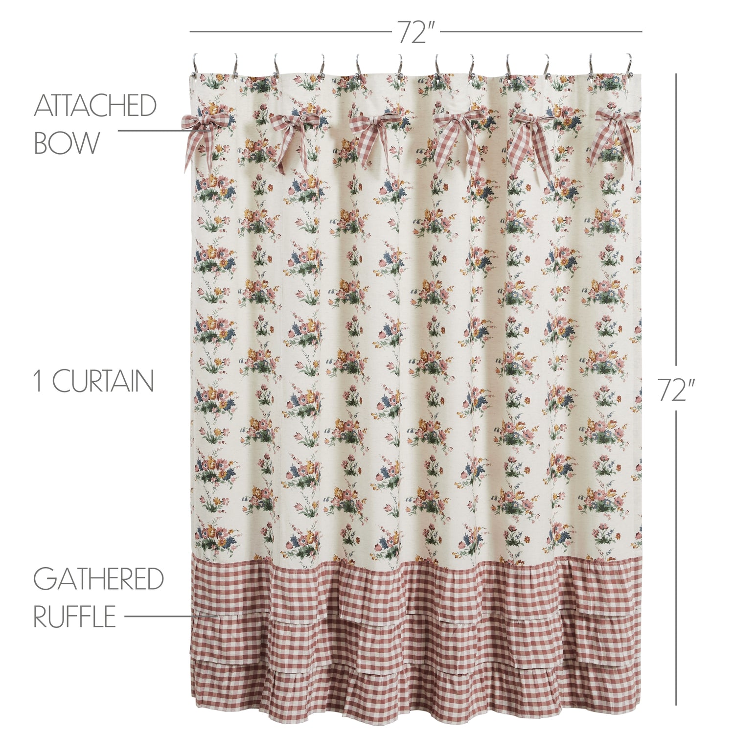 Rosehill Cottage Floral & Gingham Ruffled Cotton Shower Curtain - 72x72 Dusty Rose & Natural Bathroom Decor