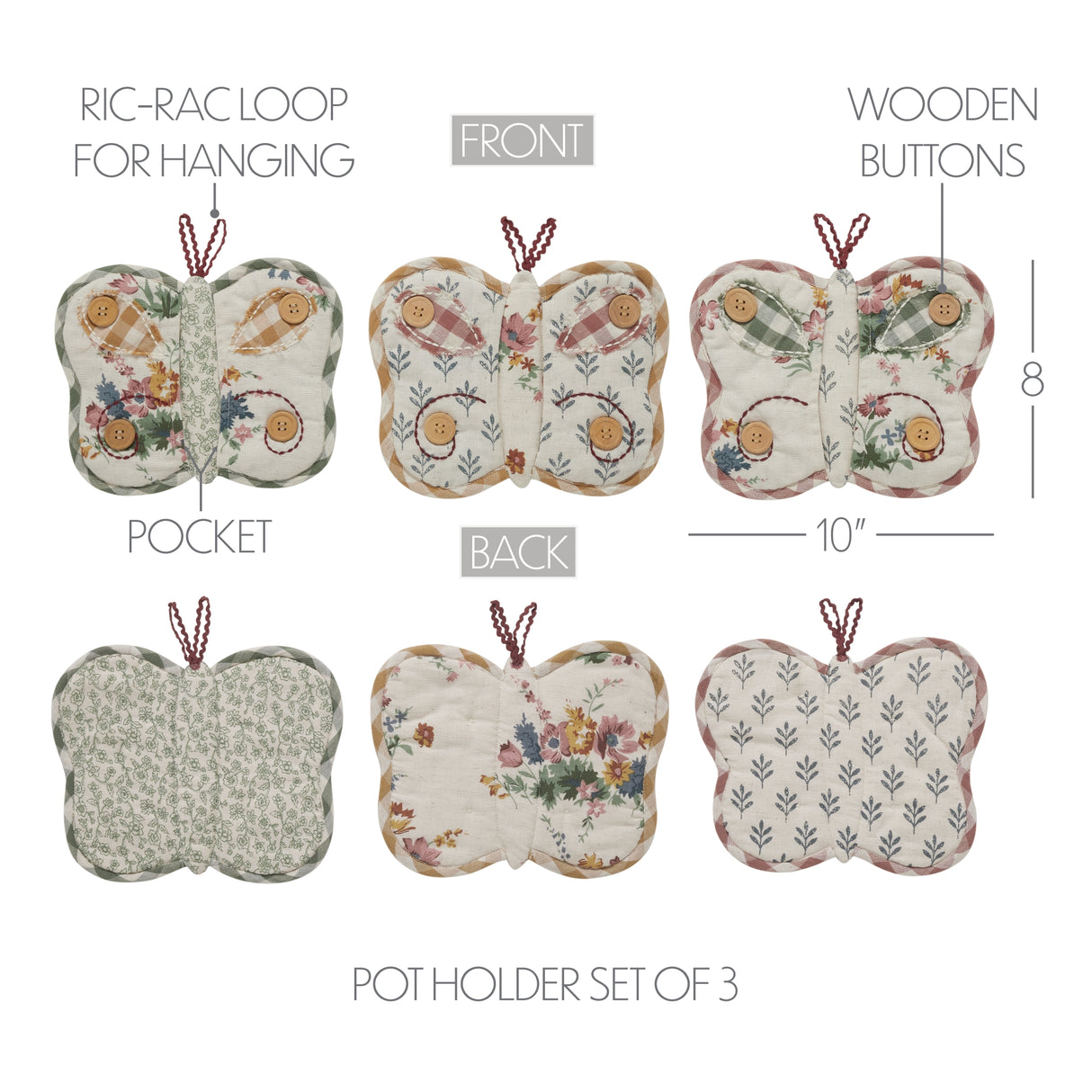 Rosehill Cottage Quilted Butterfly Shaped Cotton Pot Holder Set of 3 - 8x10 Dusty Rose & Natural