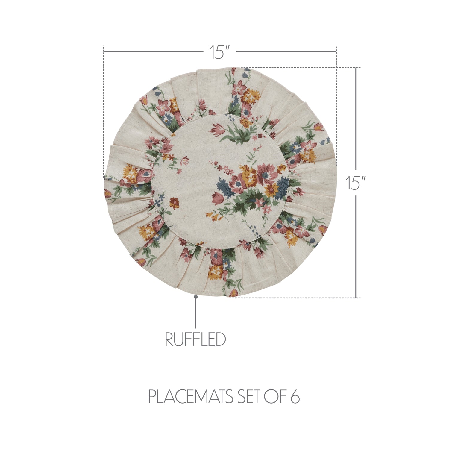 Rosehill Cottage Floral Round Ruffled Cotton Placemats - Set of 6 - 15 inch Dusty Rose & Natural Table Mats