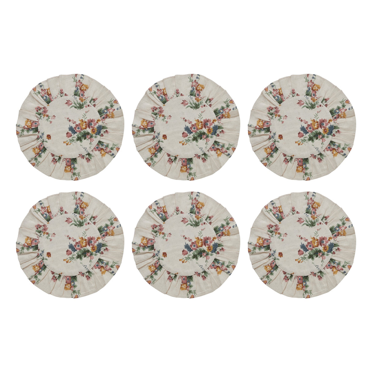 Rosehill Cottage Floral Round Ruffled Cotton Placemats - Set of 6 - 15 inch Dusty Rose & Natural Table Mats