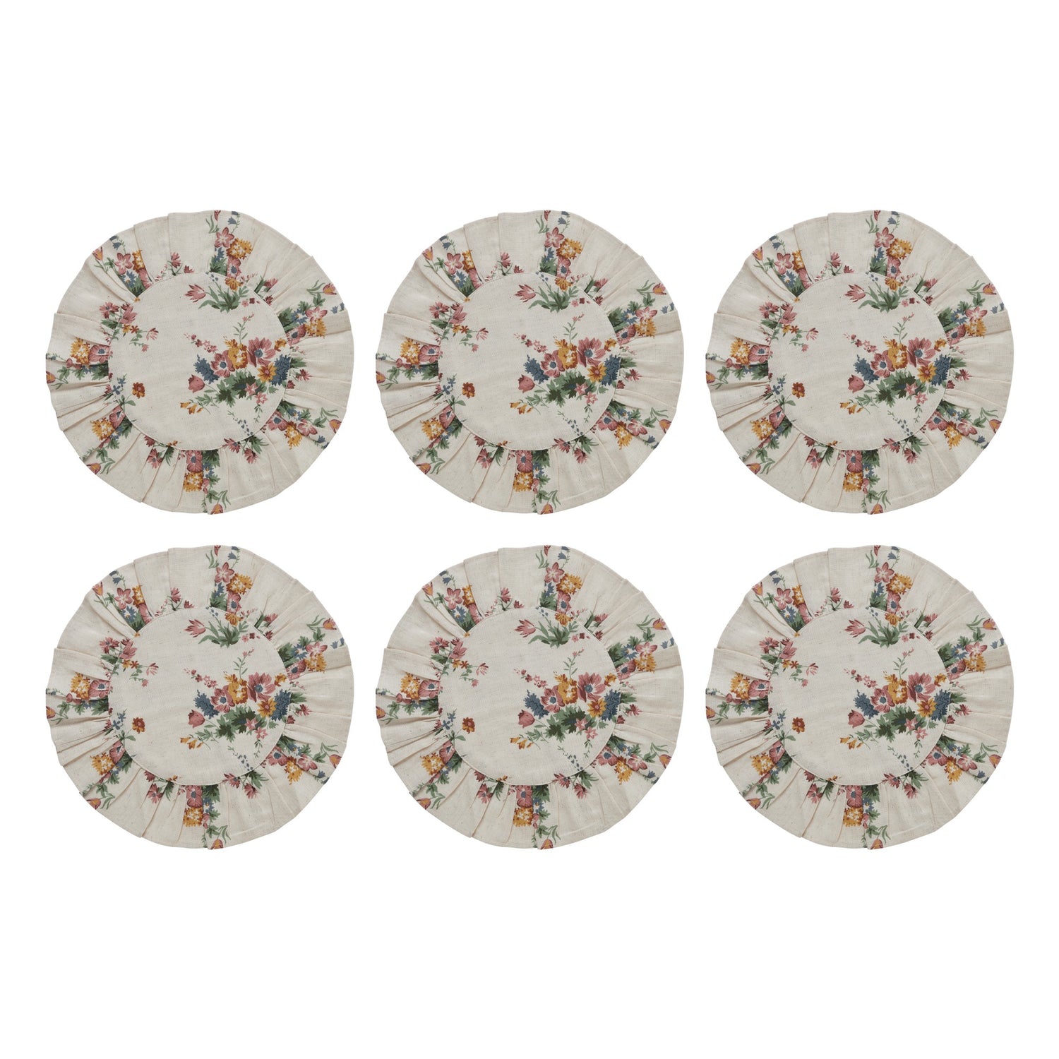 Rosehill Cottage Floral Round Ruffled Cotton Placemats - Set of 6 - 15 inch Dusty Rose & Natural Table Mats