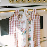 Rosehill Cottage Ruffled Cotton Hanging Kitchen Towels - Set of 3 - Green & Dusty Rose Gingham Floral