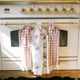 Rosehill Cottage Ruffled Cotton Hanging Kitchen Towels - Set of 3 - Green & Dusty Rose Gingham Floral