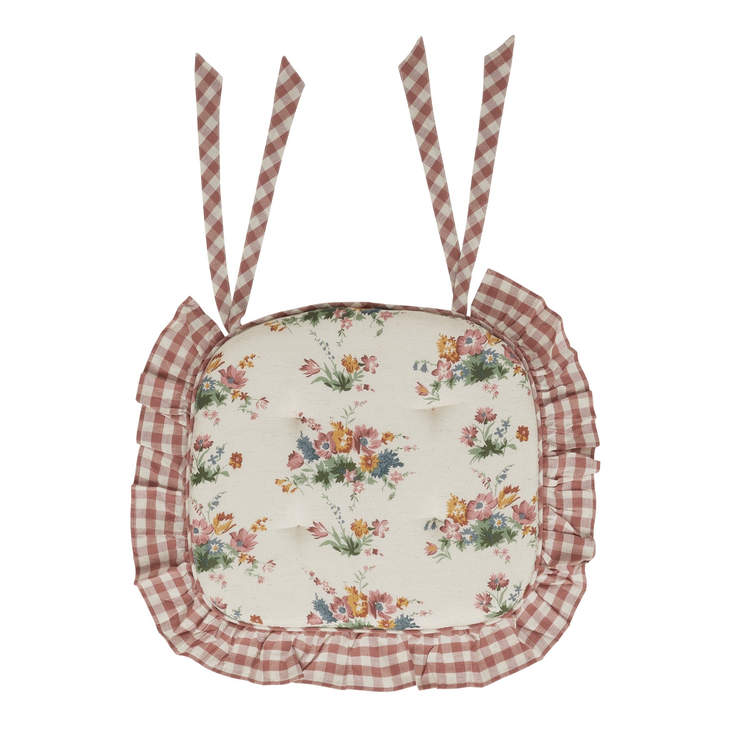 Rosehill Cottage Floral Ruffled Cotton Chair Pad - 15.5x17 - Dusty Rose & Natural Cushioned Seat Cushion